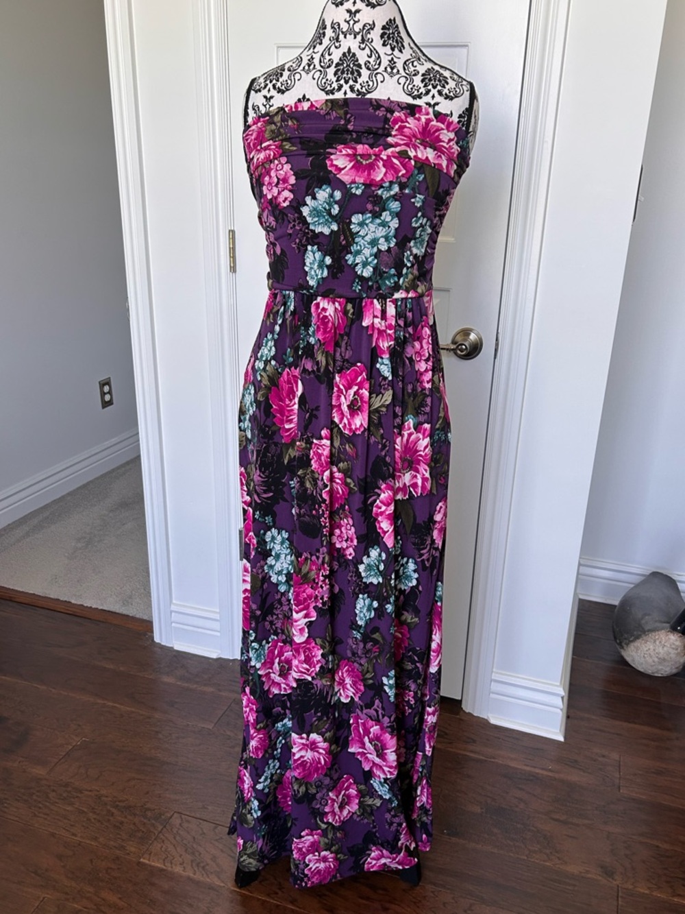 Vanilla Bay Sz L purple strapless floral maxi dress